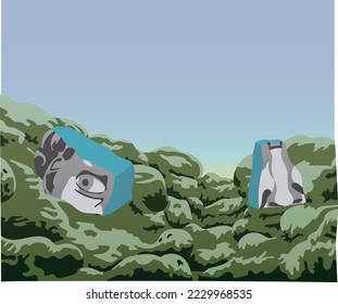 Illustration of the exhibition of the head of David. Parts of the ancient statue lie on mossy mountains. Turquoise color inside the fault. Man-made and nature. A ready-to-use eps image for your design