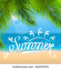 Illustration Exotic Background with Palm Leaves and Beach. Lettering Text. Template of Poster for Summer Holidays - Vector