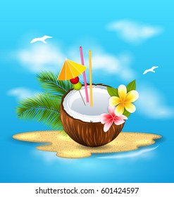 Illustration Exotic Coconut Cocktail with Frangipani and Palm Leaves. Summer Background - Vector