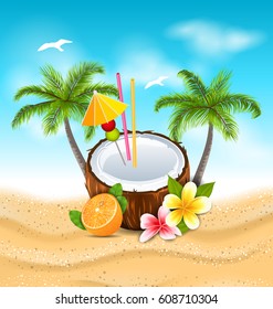 Illustration Exotic Coconut Cocktail with Frangipani, Orange and Palm Trees. Summer Beach Background - Vector