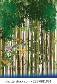 illustration with exotic flowers and green bamboo
