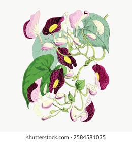 Illustration of exotic flowers with vibrant colors. The flowers have intricate patterns and lush green leaves. Exotic flowers with vivid colors and patterns. Vintage art illustration, vector.