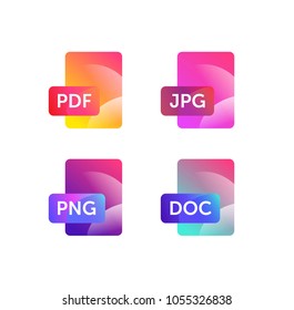 Illustration for expanding formats. File Icons. Vector flat icons with gradient, isolated on white background. Fashionable style. Icons for website and print. Icons of files png, jpg, doc, pdf.