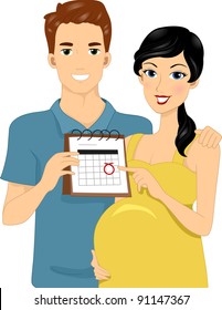 Illustration of Expecting Parents Pointing to Calendar