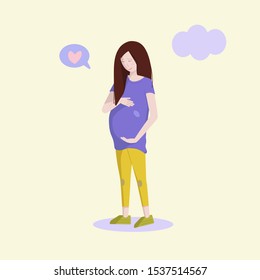 Illustration expecting woman care and love her future baby. Happy motherhood concept.