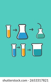 Illustration of the experimental process, illustration of the concept of fluid transfer between test tubes and chemical flasks with flow arrows, suitable for science, chemistry, STEM infographics