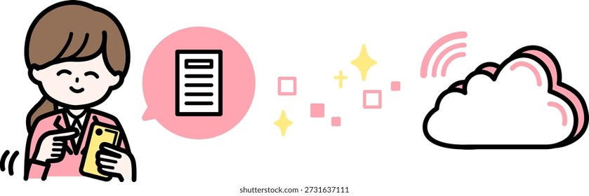 Illustration explaining the business DX system for sending documents via smartphone and storing them in the cloud
