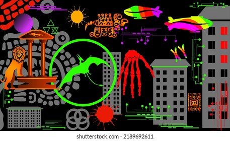 An illustration explaining the connection between the signs of the ancient Maya
    and modern science.
   Construction of cities and computer networks.
   Pterodactyl and human skeleton. Masks, signs