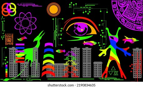  An illustration explaining the connection between the signs of the ancient Maya
      and science in the modern city.

   Construction of cities and computer networks.
     Pterodactyl and human eye.