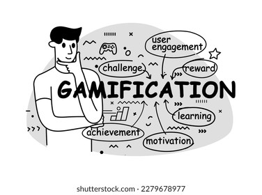 Illustration explaining Gamification as a method for increasing user and customer loyalty, engagement and growth. Scheme. Vector outline illustration in flat style on a white background.    