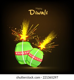 Ilustración de petardos que explotan con elegante texto de Diwali para la celebración de Diwali sobre brillante fondo negro.