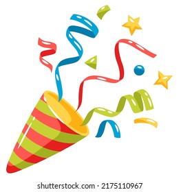 Ilustración de la foto de una fiesta explotando con confetti. Decoración para celebrar.