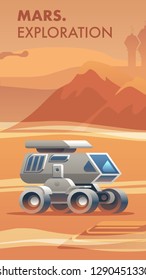 Illustration Exploration New Terrain Surface Mars. Banner Vector Allterrain Vehicle for Exploring Red Planet. Conquest New World. Scientific Discovery Space. City Silhouette Behind high Mountain