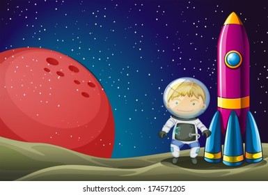 Ilustración de un explorador junto al cohete en el espacio ultraterrestre