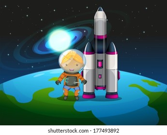 Illustration of an explorer beside the rocket standing above the earth