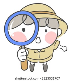 Illustration of an explorer character observing through a magnifying glass.