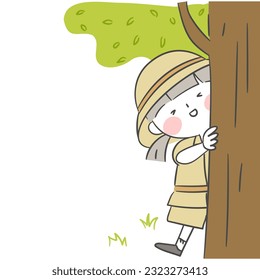 Illustration of an explorer character standing behind a tree.