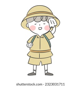 Illustration of an explorer character wiping sweat with a handkerchief.