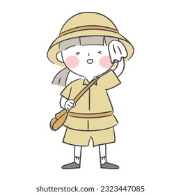 Illustration of an explorer character wiping sweat with a handkerchief.