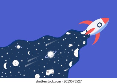Illustration of exploring space with a spaceship made using the flat design technique