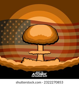 Illustration of an explosion from an atomic bomb with the American flag on dark brown background to commemorate National Atomic Veterans Day on July 16