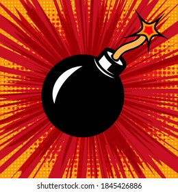 Ilustración de la explosión de una bomba al estilo cómico. Elemento de diseño para afiche, tarjeta, pancarta, signo. Ilustración del vector