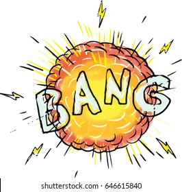 Illustration of an explosion and the word text bang set on isolated white background done in cartoon style. 