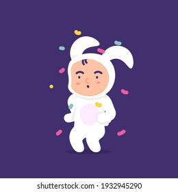 illustration of the expression of a happy child, dancing and wearing a rabbit costume. celebrating an easter day party or event. illustration of cute and adorable people. flat style. vector design