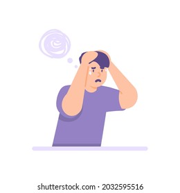 illustration of the expression of a man who feels anxious, worried and scared. think about something complicated or a problem. confused and frustrated. flat cartoon style. vector design