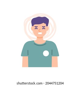 ilustración de la expresión de un hombre que siente dolor de cabeza. confuso, estresado, lleno de problemas, complicado. estilo de dibujos animados planos. diseño vectorial