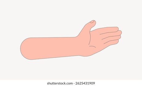 Illustration of an extended human arm and hand with an open palm. The arm is depicted in a simple, cartoon style with a light skin tone. Arm illustration, isolated vector.