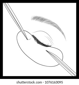 Illustration of extension of eyelashes, how to place false eyelashes