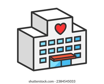 Illustration of the exterior of the hospital (3D line drawing).