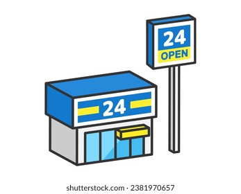 Illustration of the exterior and signboard (3D line drawing) of a convenience store.