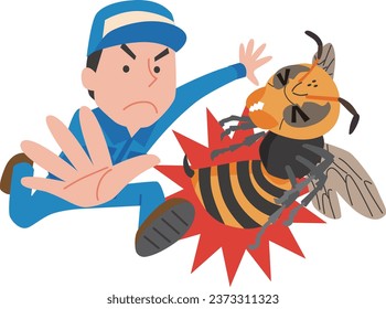 Illustration of an exterminator exterminating bees