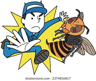 Illustration of an exterminator exterminating bees