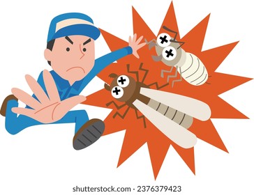 Illustration of an exterminator exterminating termites