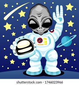 Illustration with an extraterrestrial alien in an astronaut costume on space background.