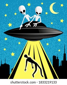 Illustration with extraterrestrial aliens abducting a person at night.