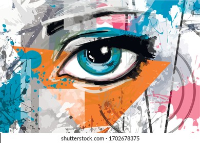 Illustration with an eye. Bright pattern on the wall background. Vector. Blue eye. Bright spots.