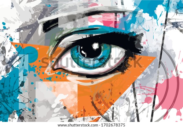 Illustration with an eye. Bright pattern on the wall background. Vector. Blue eye. Bright spots.