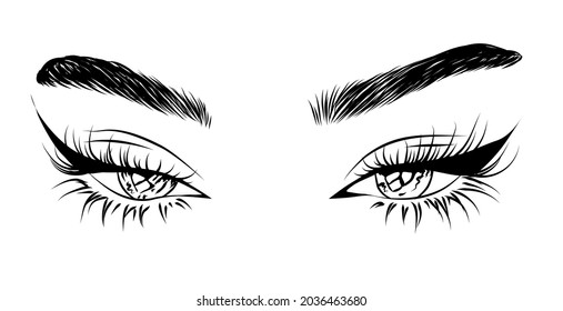 Illustration Of The Eye With Luxe Makeup And Natural Eyebrow. Hand Drawn Vector Idea For Business Visit Cards, Templates, Web, Salon Banners,brochures. Microblading Visit Card