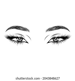 Illustration Of The Eye With Luxe Makeup And Natural Eyebrow. Hand Drawn Vector Idea For Business Visit Cards, Templates, Web, Salon Banners,brochures. Microblading Visit Card