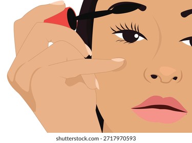 Uma ilustração de aplicação de maquiagem ocular aplicando rímel em seus cílios superiores usando uma varinha preta com uma alça vermelha.