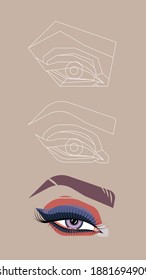 ilustración de ojo con maquillaje en estilo de moda, dibujando pasos de líneas y esquinas geométricas a ilustración de color de estilo plano