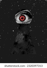 Illustration of an eye peeking out of a keyhole. Psychedelic halftone collage retro poster. Psychedelic old style. Vector art.