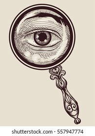 Illustration of an Eye Peering Behind a Magnifying Glass Drawn Using the Cross Hatching Technique