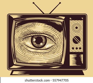 Illustration of an Eye Peering from a Vintage Television Set Drawn Using the Cross Hatching Technique