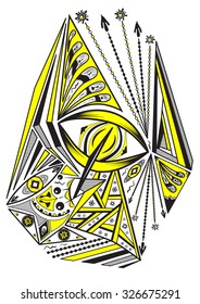 Illustration of an Eye surrounded by abstract  elements.  