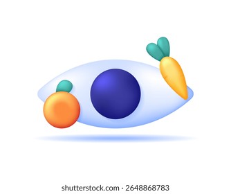 illustration of an eye symbol with orange and carrot. intake and nutrition for eye health. food and vitamins. fruits, support, and treatment. icon or symbol. minimalist 3d style design